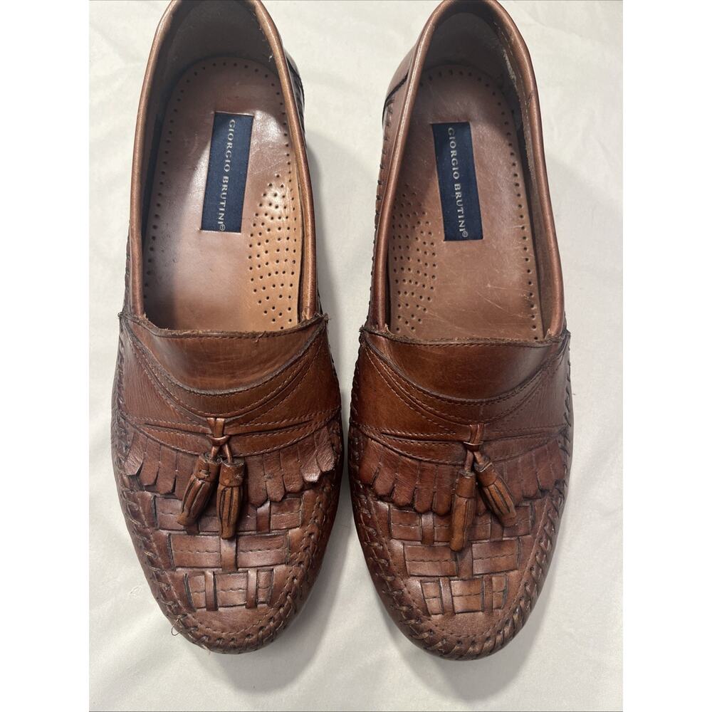 Giorgio Brutini Leather Loafer 9.5 M Brown With Kilties & Tassels Woven